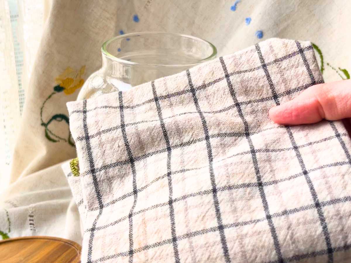 A woman holding a folded kitchen towel. There is a glass jar in the background.