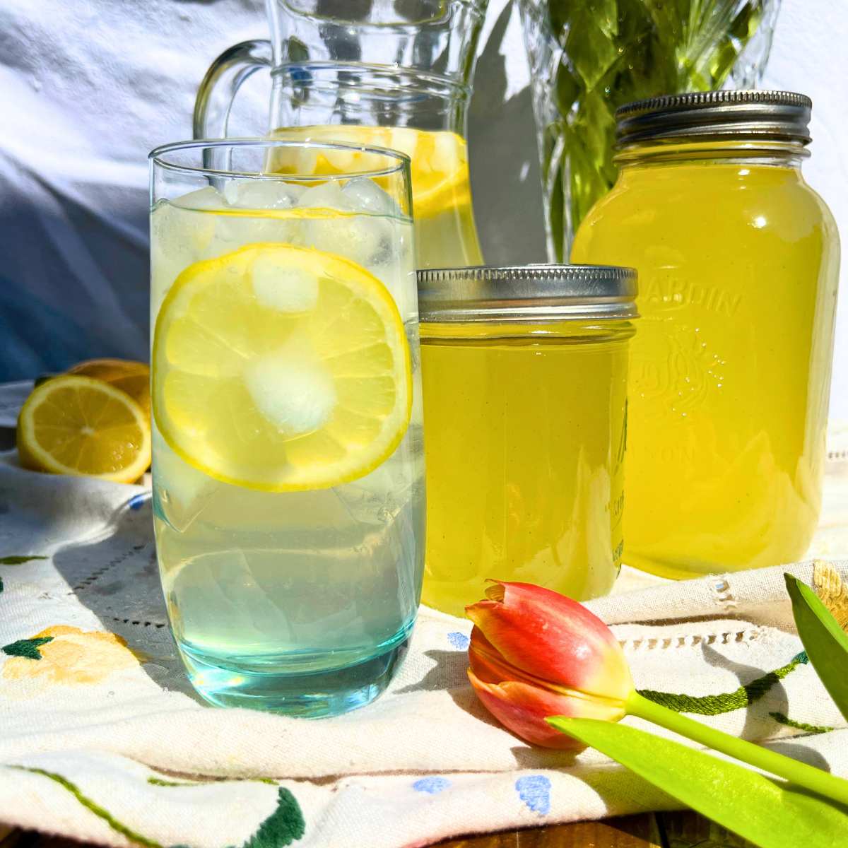 A glass of lemonade with ice and a lemon slice inside. There are two glass canning jars of concentrated lemon liquid beside and a tulip in the foreground.