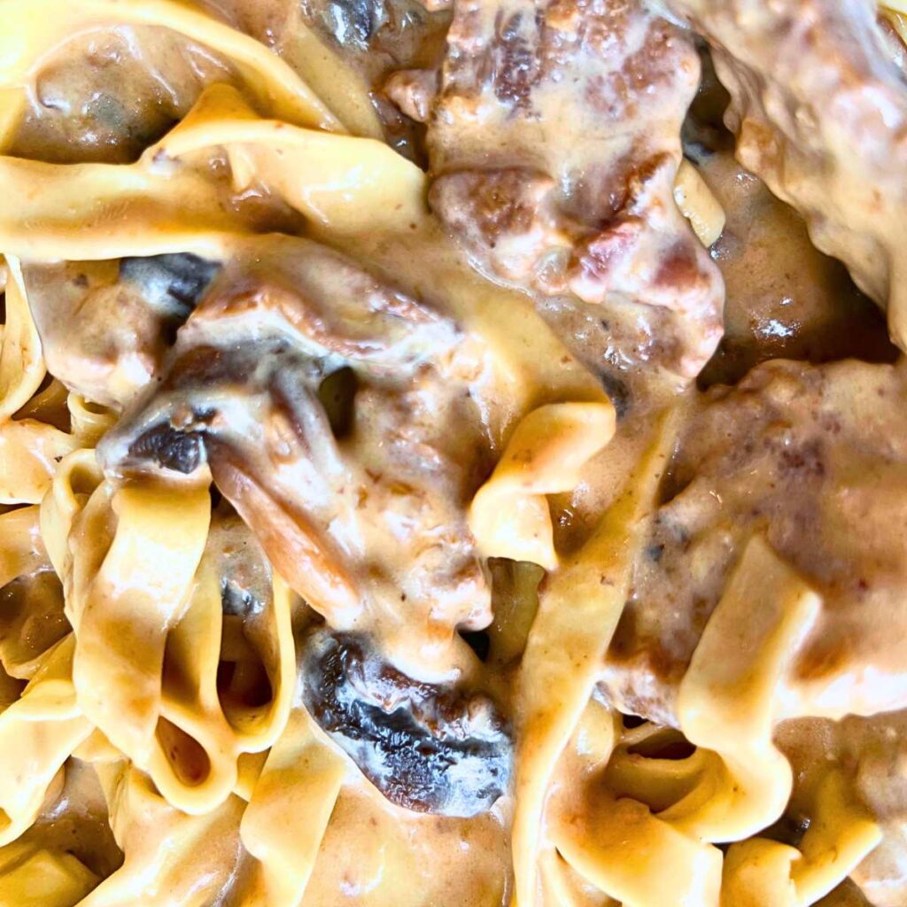 A close up look at beef stroganoff and pasta linguini noodles.