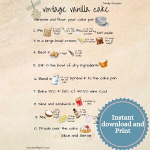 A recipe card for vanilla cake. There are graphics for the ingredients and written instructions. It says that is is a instant download