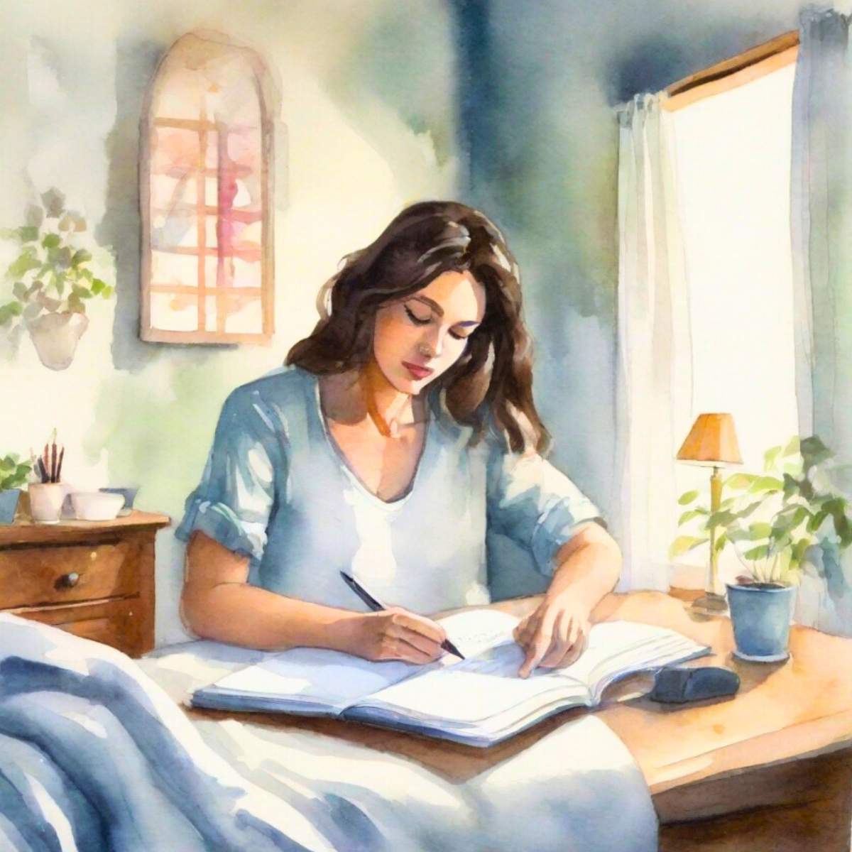 A watercolour style picture of a woman writing in a journal.