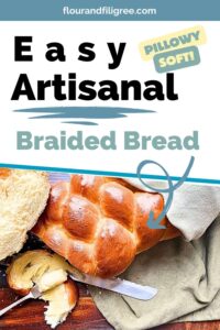 A pinterest pin for braided bread. In the photo there is a loaf of braided bread that has been cut to show the soft inside of the loaf.