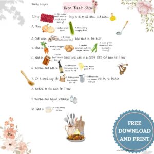 A recipe card with pictures for graphics and written instructions. There is a sticker saying it is a free download and print.