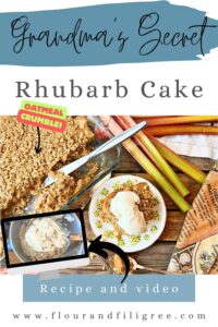 A pinterest pin. In the picture is a cake with a crumble topping in a glass casserole dish. There are some pieces removed. There is a piece of the cake on a yellow floral cake. There are pieces of rhubarb in the background.