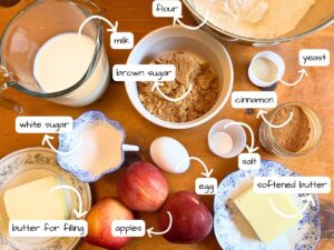 A wooden table with ingredients on top. The ingredients are labeled with arrows pointing to each one.