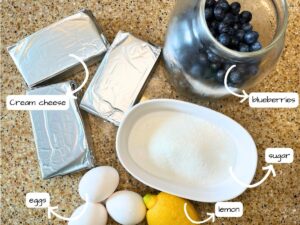 A group of ingredients on a counter top. They are labeled with arrows pointing to each.