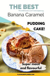 A pinterest pin for a banana caramel pudding cake. In the picture there is a woman holding up a spoonful of cake. In the cake is chocolate ice cream.