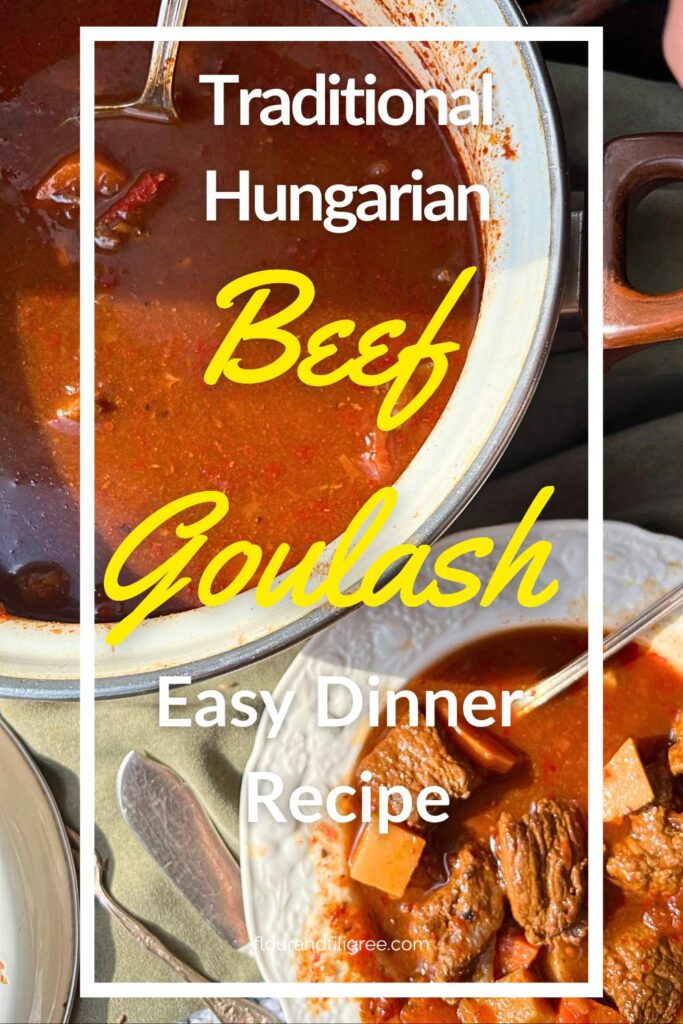 A pinterest pin for beef goulash. There is a pot of beef and vegetable soup. In front is a white bowl with a serving of the soup.