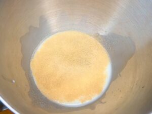 Dry yeast on top of a bowl of milk.