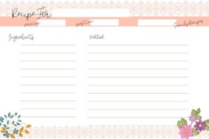 An index recipe card that has pink embroidery boarders and floral patterns.