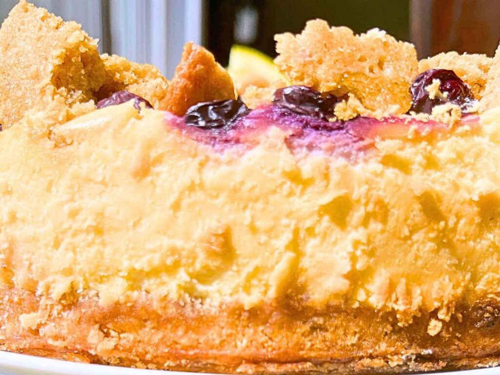 A close up of the side of a cheesecake with blueberries and cookie crumble on top.