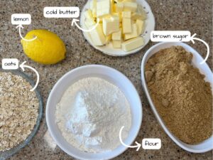 A group of ingredients on a counter top. They are labeled and have arrows pointing to them