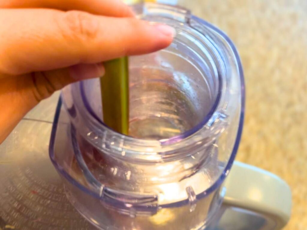 A woman using a food processor to cut rhubarb