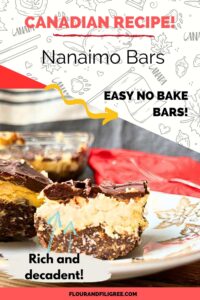 A pinterest pin with Nanaimo bars. There are two bars you can see a cross section showing the three layers.