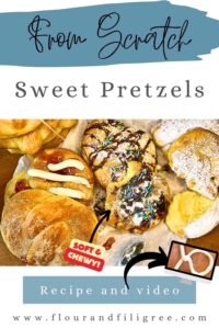 A pinterest pin for sweet pretzels. There is a collection of pretzels on a piece of parchment paper each with different toppings.