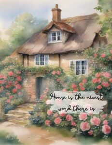 A print of an English country home surrounded by flowers and roses. There is a quote on it.