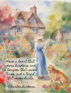 A print of a woman and a dog in a flower garden. There is a English country home in the background. There is a vintage quote on it.