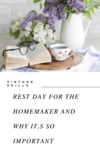 A pinterest pin showing a small table with a cup of coffee and vase with flowers, and open book with glasses on top.