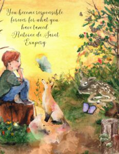 A print of a boy sitting on a stump. There is a fox looking at him and a deer sleeping. There is a robin on the stump. A vintage quote is written on the print.