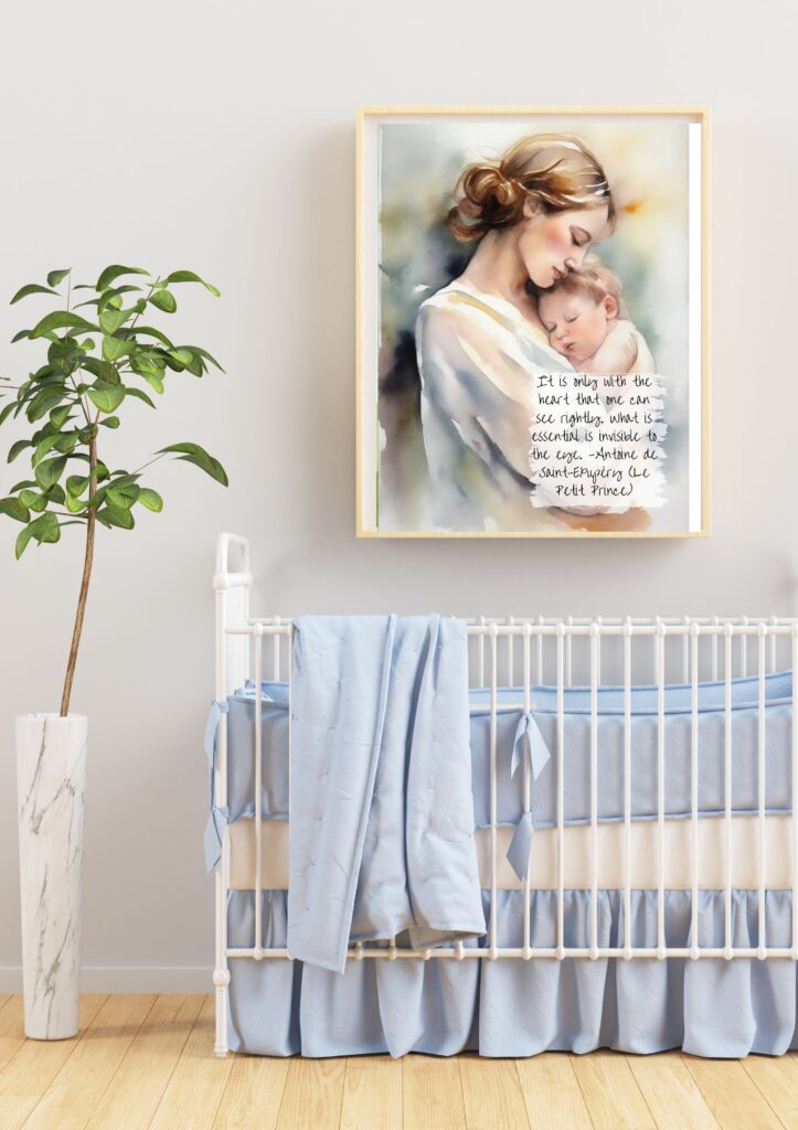 A nursery with a crib. There is a plant beside and a framed painting on the wall of a mother holding a baby.