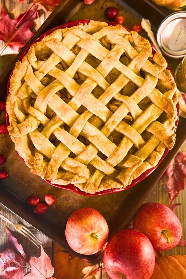 An apple pie with a lattice crust top.