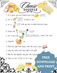 A recipe card for cheese soufflé. There are graphics for the ingredients and written instructions