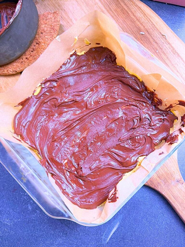 The chocolate layer spread on top of Nanaimo bars.