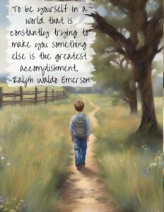 A print of a boy walking down a path. There is a fence and a field beside him. There is a vintage quote on it.