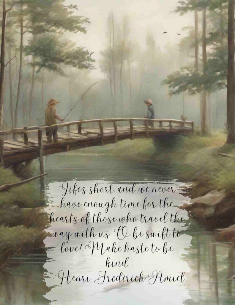 A painting of two people fishing in a forest. They are on a bridge. The water is beneath them.