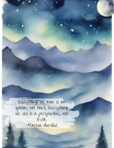 A print of a night time painting of the sky and mountains. There are stars and the moon in the sky. There is a vintage quote on it.