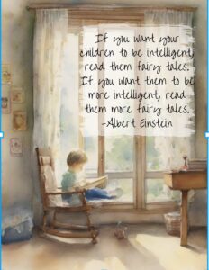 A print of a child sitting in a rocking chair in his room. He is reading a book. There is a vintage quote on it.