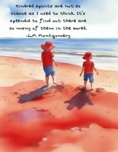 A print of two girls on a beach. They are both wearing orange and have sunhats on. There is a vintage quote on it.