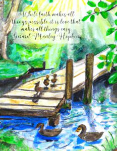 A print of ducks swimming. There is a dock. Some of the ducks are standing on the dock. There is a quote on it.