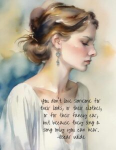 A print of a side view of a woman. She has her hair up and is wearing a white shirt. There is an earring in her ear. There is a quote on it.