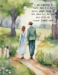 A print of a man and woman walking away. They are on a path near a forest. The woman is holding flowers. There is a vintage quote on it.