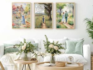 A modern living room with a flowers on the coffee table. There are three prints in frames behind the couch.