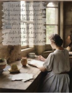 A print of a woman in an old house. She is writing on a desk. There are some windows in front of her. There is a quote on it.