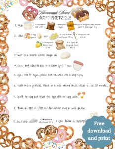 A recipe card for homemade sweet soft pretzels. There are graphics for the ingredients and written instructions
