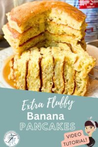 A pinterest pin for banana pancakes. There is a stack of pancakes with a wedge cut out.