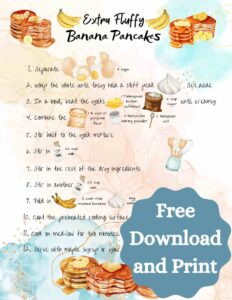 A recipe card for banana pancakes. There are graphics for the ingredients and written instructions. There is a sticker saying it is a free download and print.