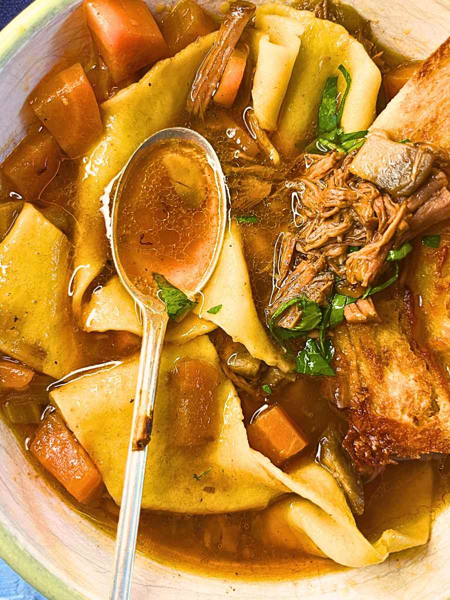 A close up view of a bowl of beef bourguignon with a spoon in it.