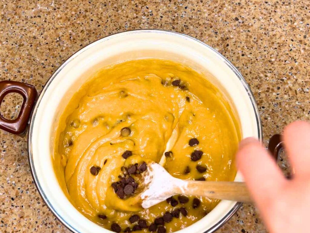 A woman mixing chocolate chips into batter.