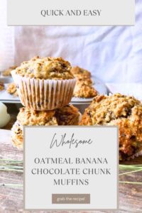 A pinterest pin. There is a table with chocolate chip muffins.