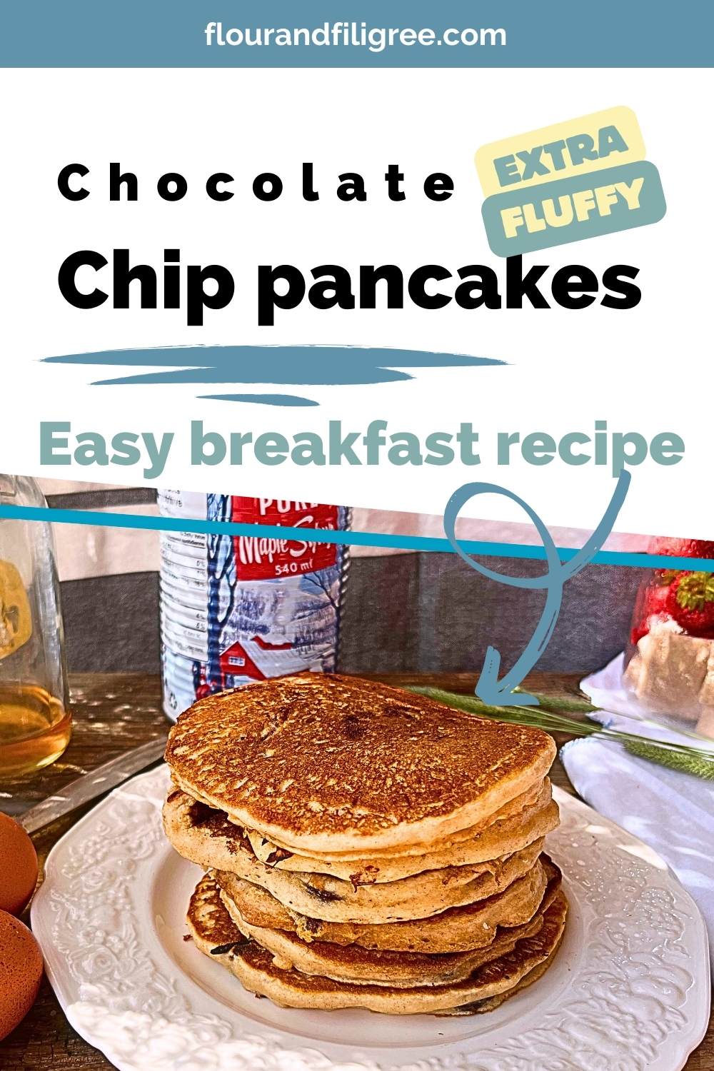A pinterest pin with a stack of pancakes on a white plate.