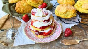 There is a stacked biscuit style strawberry shortcake on a pink floral plate.