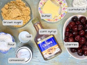 Ingredients for cherry crumble. They are labeled.