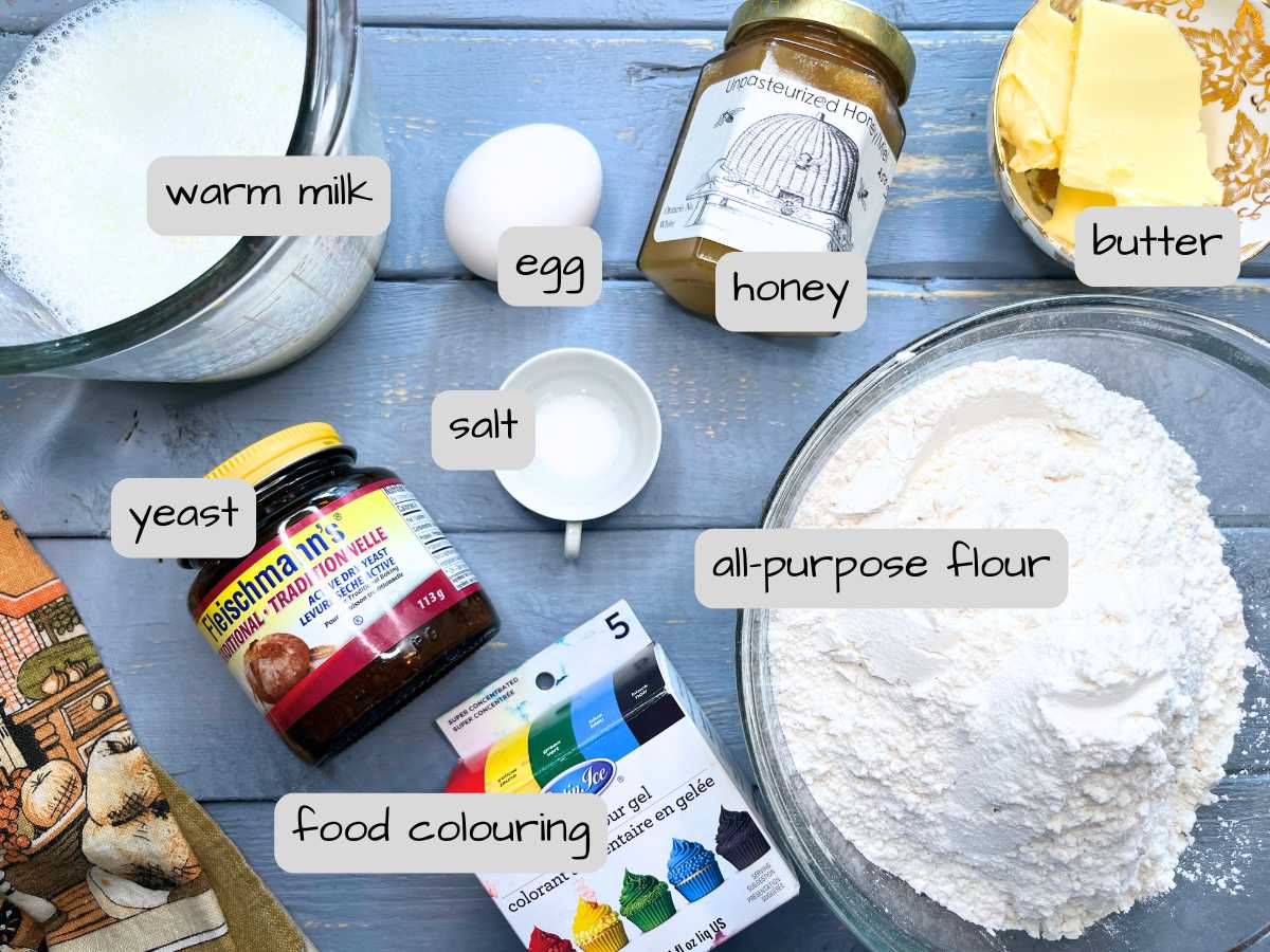 There is a blue table with ingredients. They are labled.