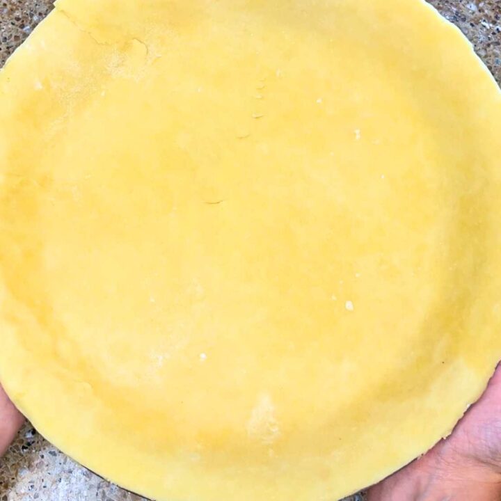 A woman is holding a lined pie plate with pie dough.