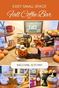 There is a fall themed coffee and hot drink station with pumpkins and coffee accessories.