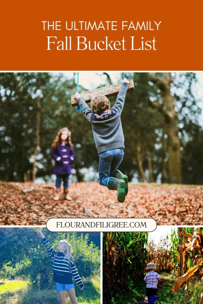 A pinterest pin. In the first picture children are playing in leaves. In the second picture a young girl is picking apples from a tree. In the third picture a toddler is walking into a corn maze.